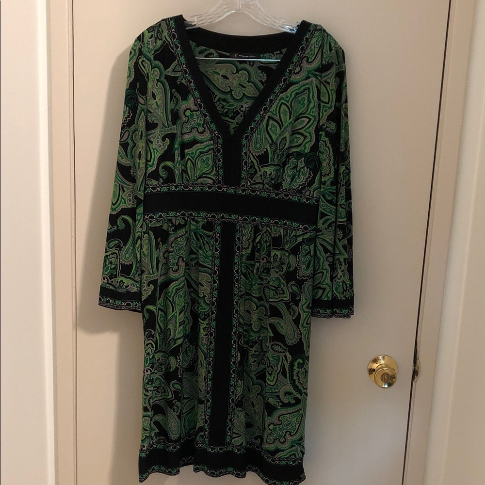 INC International Concepts Black and Green Paisley V-Neck Long Sleeve Dress